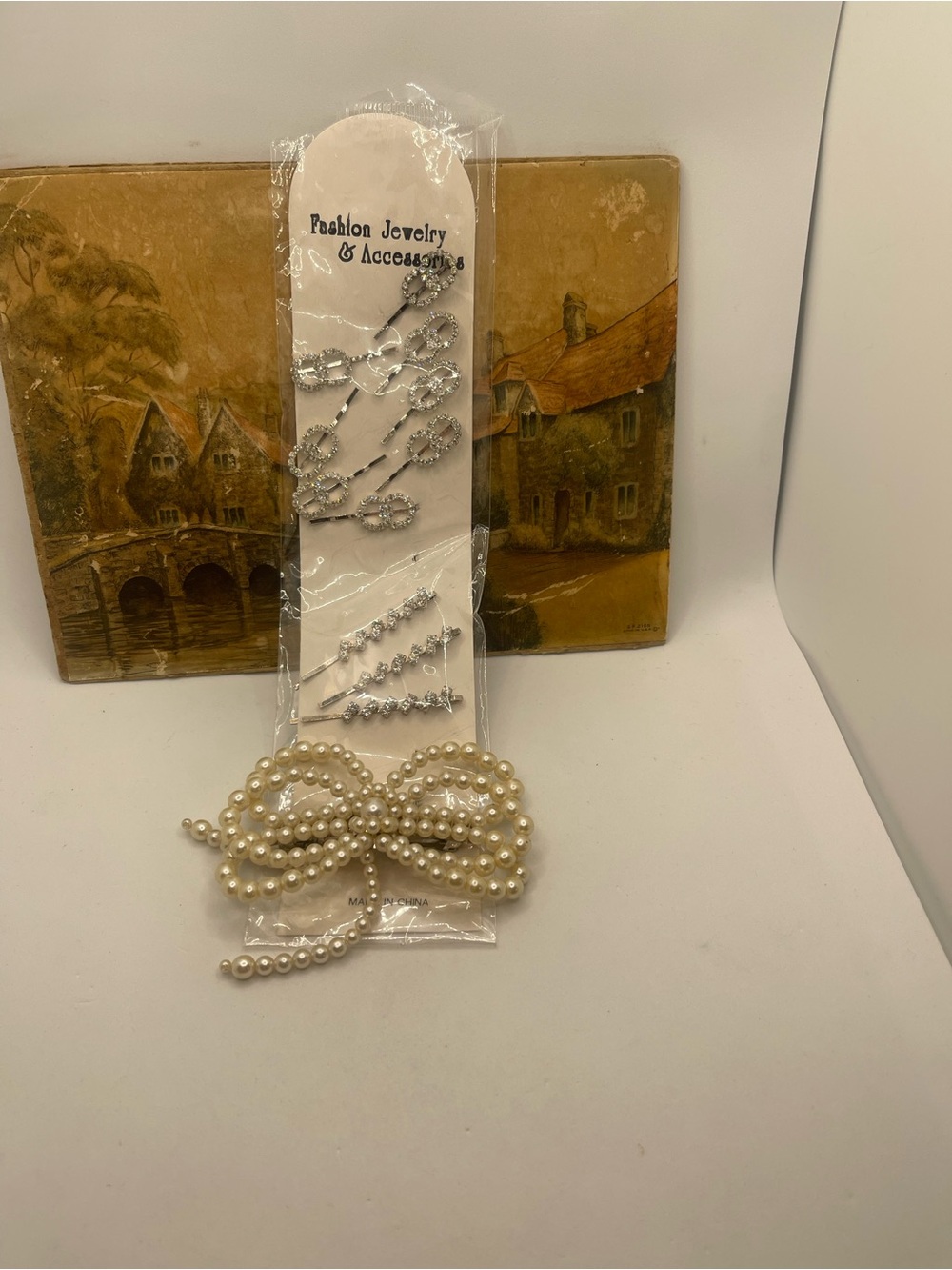 Pearl Bow Hair Clip Set with Rhinestone Pins -